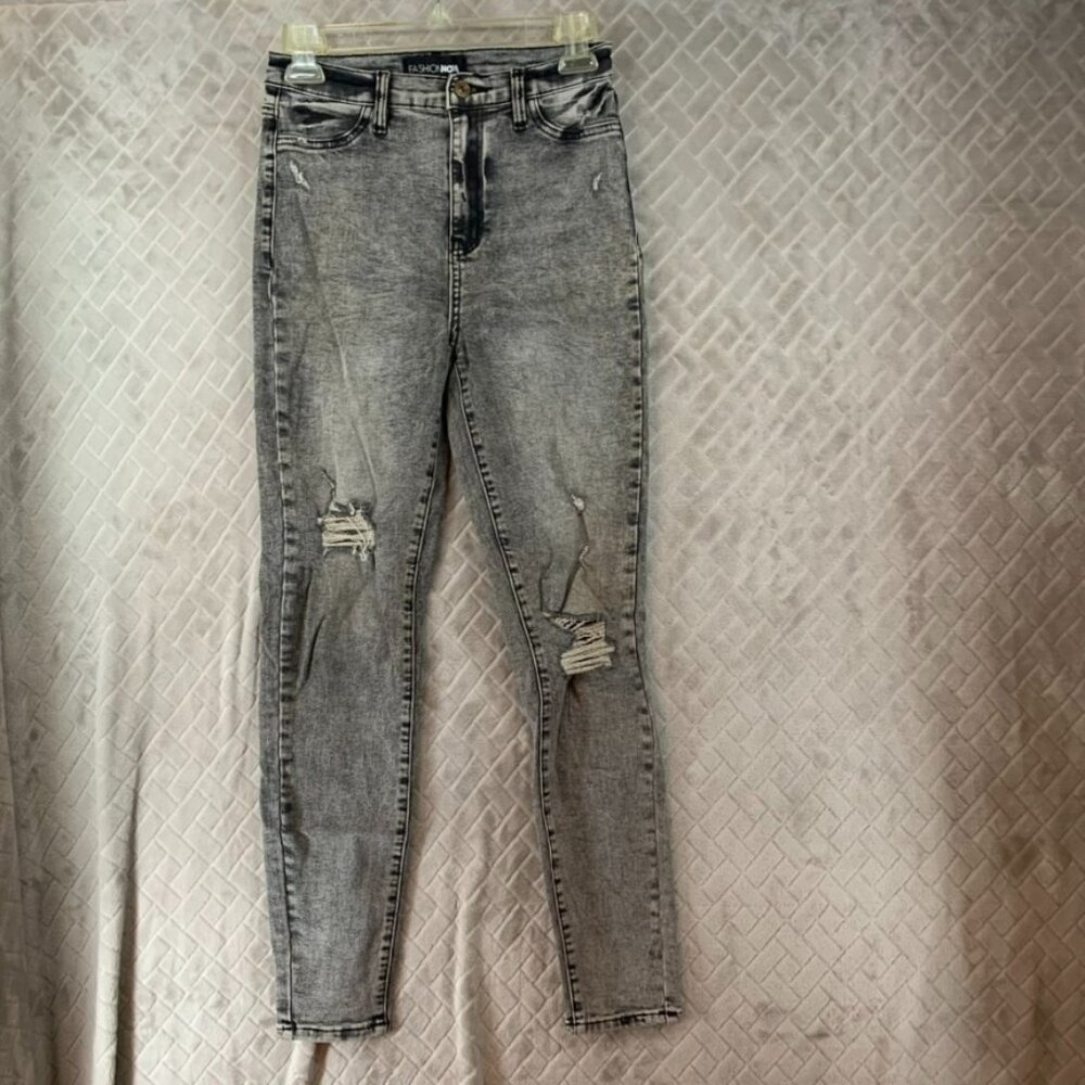 Fashion Nova Womens 26 Jeans Gray Acid Wash Skinny Distressed High Rise Stretch
